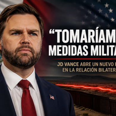 El vicepresidente de Estados Unidos, JD Vance, sobre un fondo con las banderas de México y Estados Unidos, durante una gráfica editorial sobre sus declaraciones acerca de posibles acciones militares contra cárteles mexicanos.