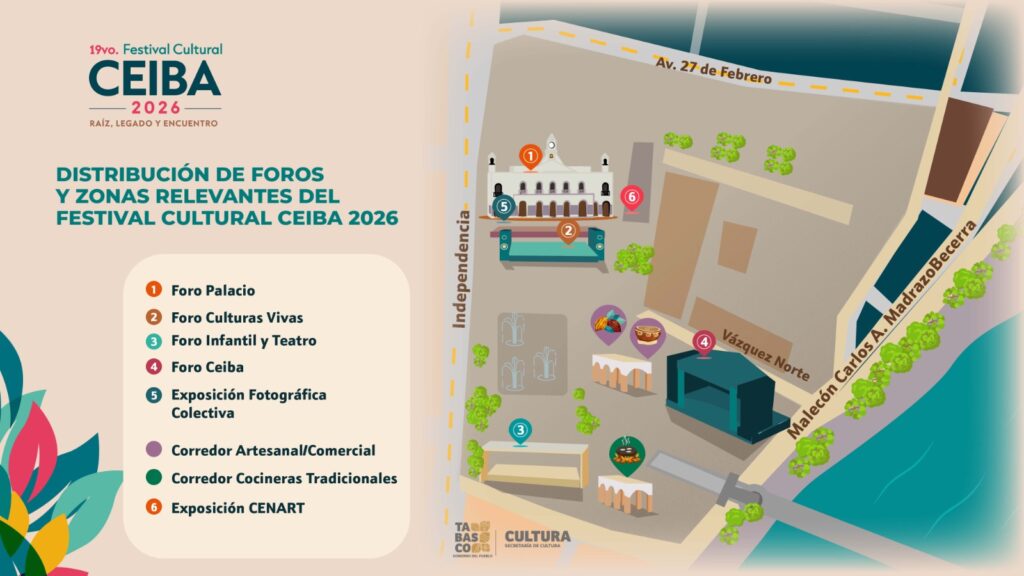 Mapa de distribución de foros y zonas del Festival Cultural CEIBA 2026 en Plaza de Armas de Villahermosa.