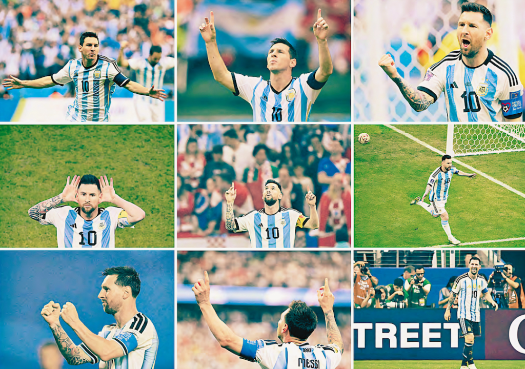 Lionel Messi abre los brazos durante la celebración de uno de sus goles con Argentina en el Mundial.