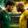 Jugador de México con playera verde y jugador de Ecuador con playera amarilla se miran de frente en el estadio antes del partido de dieciseisavos del Mundial 2026