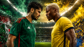 Jugador de México con playera verde y jugador de Ecuador con playera amarilla se miran de frente en el estadio antes del partido de dieciseisavos del Mundial 2026