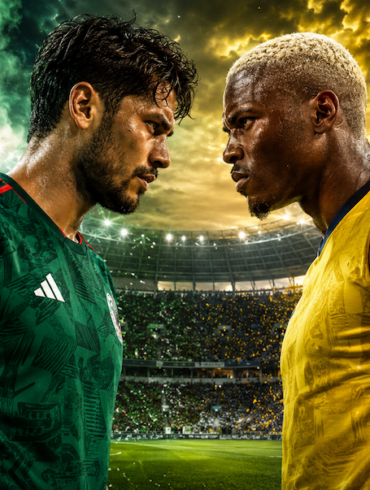 Jugador de México con playera verde y jugador de Ecuador con playera amarilla se miran de frente en el estadio antes del partido de dieciseisavos del Mundial 2026