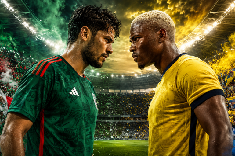 Jugador de México con playera verde y jugador de Ecuador con playera amarilla se miran de frente en el estadio antes del partido de dieciseisavos del Mundial 2026