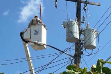 Trabajador de la CFE realiza reparaciones en transformadores dañados tras la tromba en Tabasco.