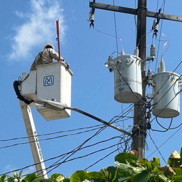 Trabajador de la CFE realiza reparaciones en transformadores dañados tras la tromba en Tabasco.
