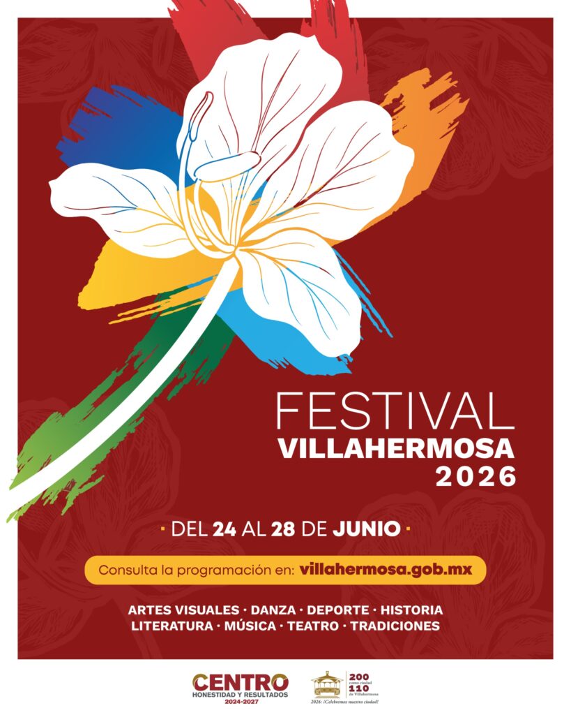 Cartel oficial del Festival Villahermosa 2026 con una flor blanca estilizada sobre fondo rojo y referencias a las actividades culturales, deportivas e históricas programadas del 24 al 28 de junio.