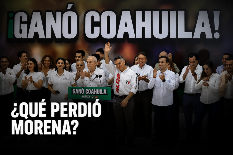 Dirigentes y militantes del PRI celebran la victoria electoral en Coahuila tras obtener los 16 distritos de mayoría relativa en la elección legislativa de 2026.