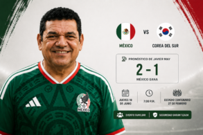 Gráfica con el pronóstico del gobernador Javier May para el partido México vs Corea del Sur, 2-1 a favor de México, jueves 18 de junio en el estadio Centenario