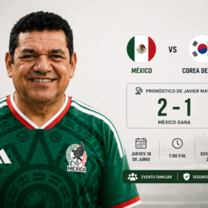 Gráfica con el pronóstico del gobernador Javier May para el partido México vs Corea del Sur, 2-1 a favor de México, jueves 18 de junio en el estadio Centenario