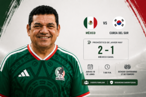 Gráfica con el pronóstico del gobernador Javier May para el partido México vs Corea del Sur, 2-1 a favor de México, jueves 18 de junio en el estadio Centenario