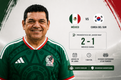 Gráfica con el pronóstico del gobernador Javier May para el partido México vs Corea del Sur, 2-1 a favor de México, jueves 18 de junio en el estadio Centenario