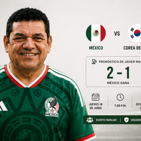 Gráfica con el pronóstico del gobernador Javier May para el partido México vs Corea del Sur, 2-1 a favor de México, jueves 18 de junio en el estadio Centenario
