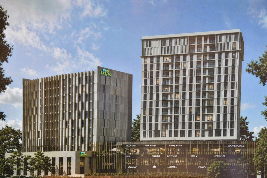 Render arquitectónico del complejo SAMÁR en Tabasco 2000, Villahermosa, con las torres del Hospital MAC al frente y la torre residencial al fondo