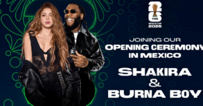Shakira y Burna Boy durante el anuncio del estreno de Dai Dai para la inauguración del Mundial 2026 en Ciudad de México.