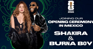 Shakira y Burna Boy durante el anuncio del estreno de Dai Dai para la inauguración del Mundial 2026 en Ciudad de México.
