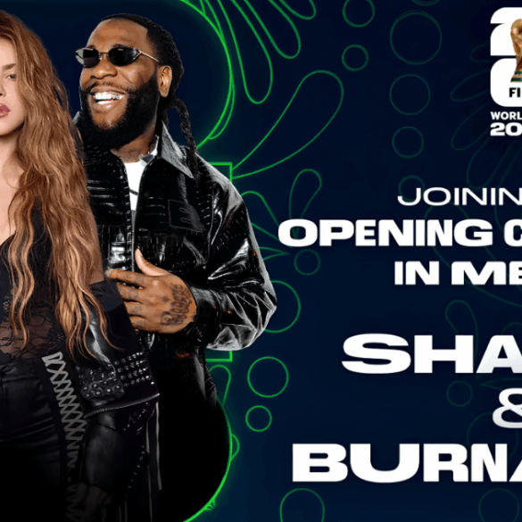 Shakira y Burna Boy durante el anuncio del estreno de Dai Dai para la inauguración del Mundial 2026 en Ciudad de México.