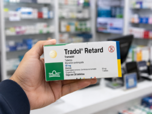 Caja de tramadol sostenida en una farmacia tras el anuncio de control con receta médica en México.