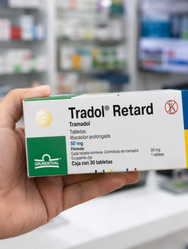 Caja de tramadol sostenida en una farmacia tras el anuncio de control con receta médica en México.