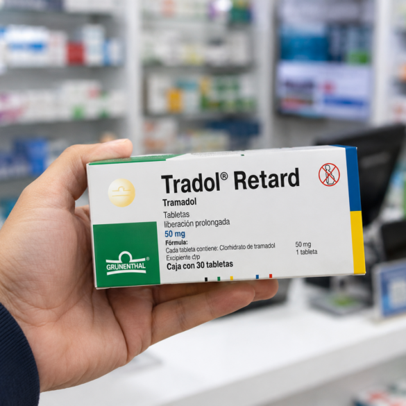 Caja de tramadol sostenida en una farmacia tras el anuncio de control con receta médica en México.