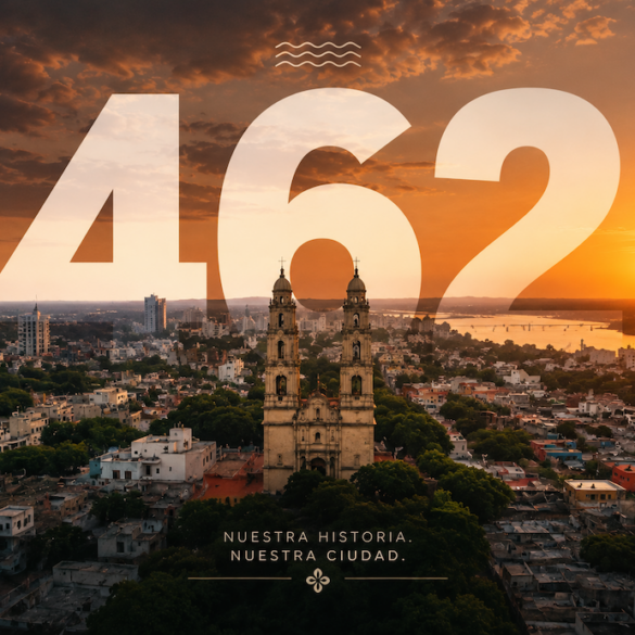 Vista panorámica de Villahermosa al atardecer con la Catedral del Señor de Tabasco y el número 462 como homenaje al aniversario de la ciudad.