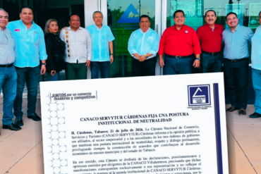 Fotomontaje: dirigentes de partidos políticos y de Canaco Villahermosa posando frente al edificio de la cámara, superpuesto con el comunicado de deslinde de Canaco Servytur Cárdenas del 21 de julio de 2026
