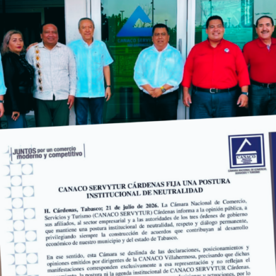 Fotomontaje: dirigentes de partidos políticos y de Canaco Villahermosa posando frente al edificio de la cámara, superpuesto con el comunicado de deslinde de Canaco Servytur Cárdenas del 21 de julio de 2026