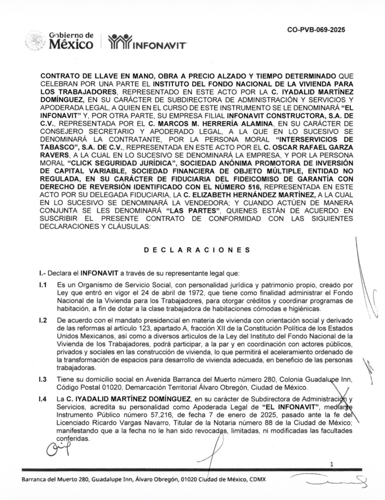 Primera página del contrato CO-PVB-069-2025 celebrado entre Infonavit, Infonavit Constructora, Interservicios de Tabasco y la fiduciaria Click Seguridad Jurídica.