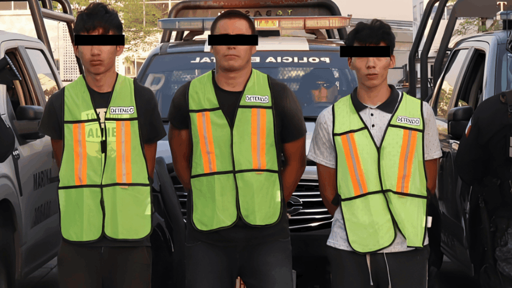Tres personas detenidas con chalecos de identificación son presentadas frente a patrullas de la Policía Estatal en Tabasco