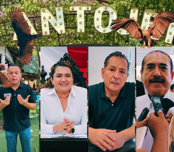 Fotoarte con zopilotes sobrevolando el letrero de La Antojería Food Park, junto a los retratos de Erubiel Alonso Que, Orquídea López, Jesús Alí de la Torre y Pedro Gutiérrez Gutiérrez
