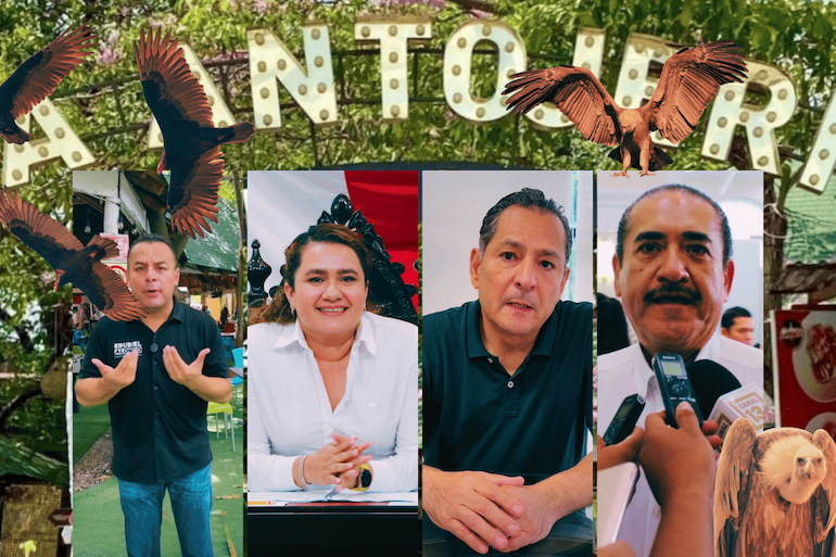 Fotoarte con zopilotes sobrevolando el letrero de La Antojería Food Park, junto a los retratos de Erubiel Alonso Que, Orquídea López, Jesús Alí de la Torre y Pedro Gutiérrez Gutiérrez