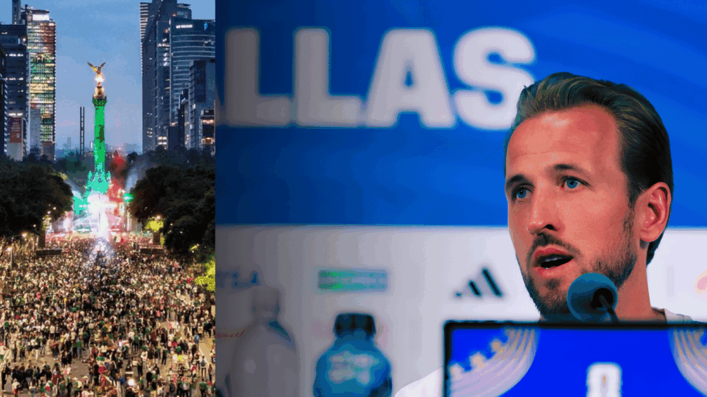 Collage de la fiesta en el Ángel de la Independencia por el triunfo de México sobre Ecuador y Harry Kane en conferencia de prensa tras el partido ante Congo, previo al cruce ante México en el Mundial 2026