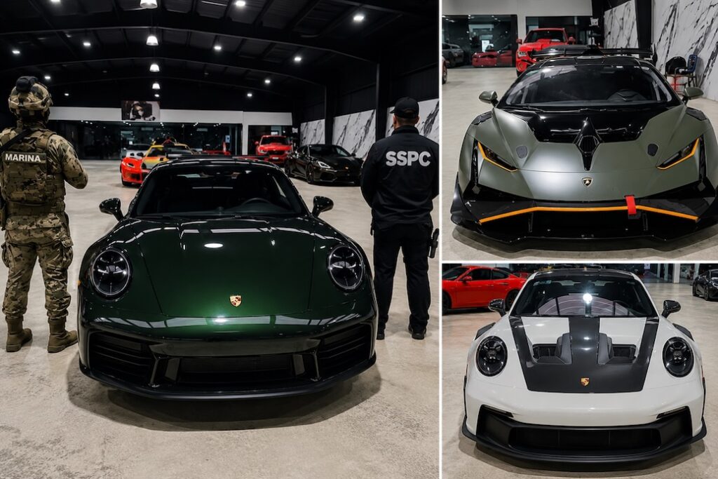 Composición fotográfica con los principales automóviles de lujo asegurados durante el operativo federal contra Justo Aurelio Rivera Parrazales, entre ellos vehículos Porsche y Lamborghini.