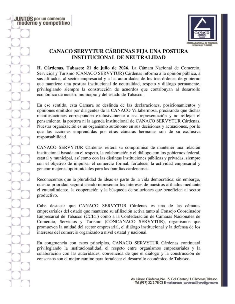 Comunicado oficial de Canaco Servytur Cárdenas, fechado el 21 de julio de 2026, en el que la cámara se deslinda de las posturas políticas de Canaco Villahermosa