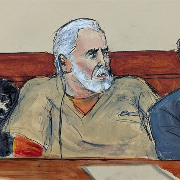 Ilustración judicial de Ismael El Mayo Zambada durante la audiencia en la que fue condenado a cadena perpetua en Brooklyn.