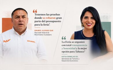 Composición editorial que contrapone las declaraciones públicas de Erubiel Alonso y la respuesta de la secretaria Katia Ornelas sobre la contratación de la Feria Tabasco 2026.