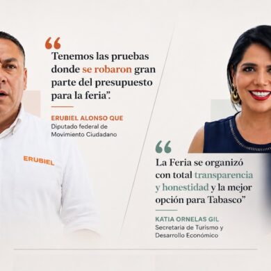 Composición editorial que contrapone las declaraciones públicas de Erubiel Alonso y la respuesta de la secretaria Katia Ornelas sobre la contratación de la Feria Tabasco 2026.