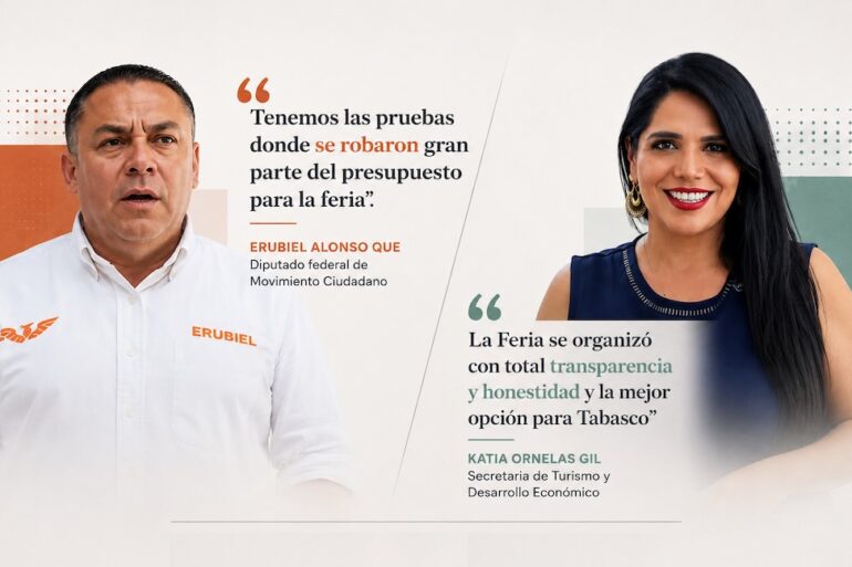 Composición editorial que contrapone las declaraciones públicas de Erubiel Alonso y la respuesta de la secretaria Katia Ornelas sobre la contratación de la Feria Tabasco 2026.
