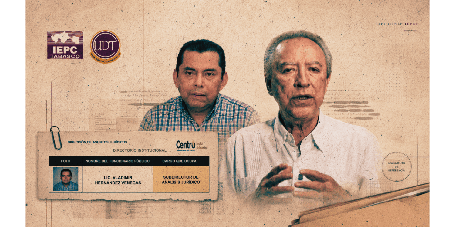 Fotoarte documental sobre el expediente de Unión Democrática por Tabasco ante el IEPCT, con Bertruy, Vladimir y directorio municipal.