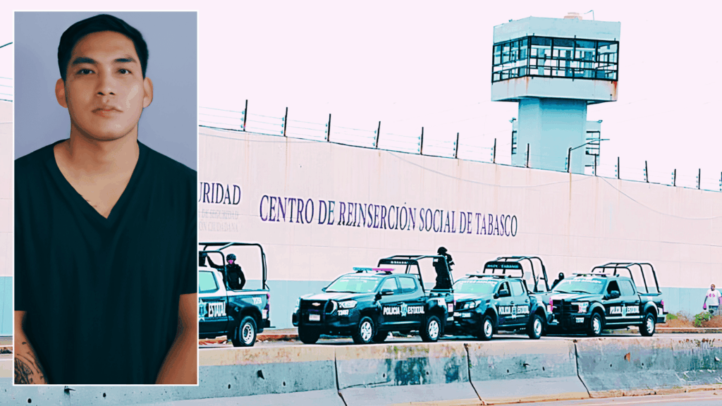  Fotografía del reaprehendido con vehículos de la Policía Estatal frente al Centro de Reinserción Social de Tabasco