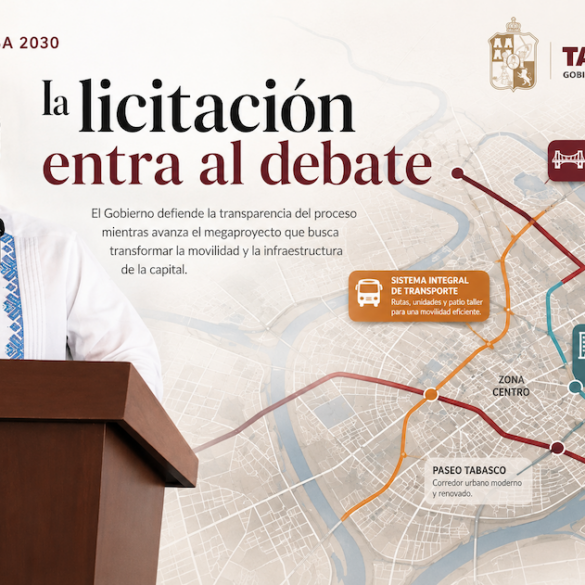 El gobernador Javier May Rodríguez presenta el proyecto Villahermosa 2030 mientras explica el proceso de licitación y los principales componentes de infraestructura y movilidad para la capital tabasqueña.