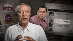 Fotoarte documental sobre Unión Democrática por Tabasco, con Humberto de los Santos Bertruy, Vladimir Hernández, logos del IEPCT y UDT, y directorio municipal.