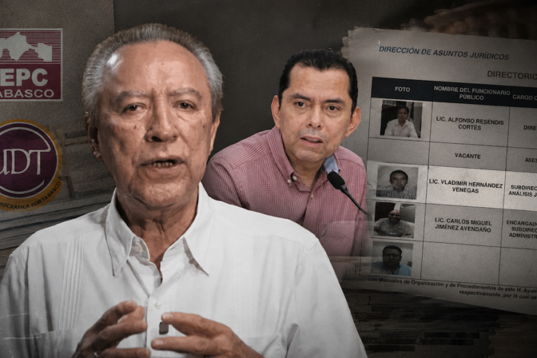 Fotoarte documental sobre Unión Democrática por Tabasco, con Humberto de los Santos Bertruy, Vladimir Hernández, logos del IEPCT y UDT, y directorio municipal.