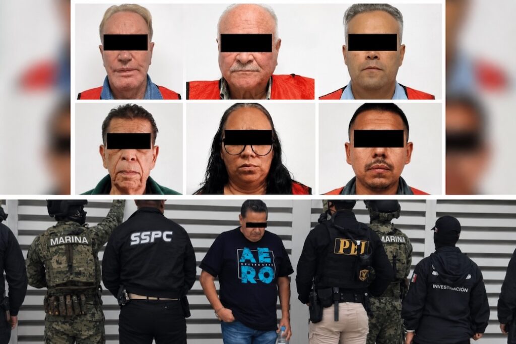 Composición con Justo Aurelio Rivera Parrazales durante su detención en Mérida y los seis presuntos integrantes de la organización capturados en el mismo operativo federal contra la estructura financiera de La Barredora.