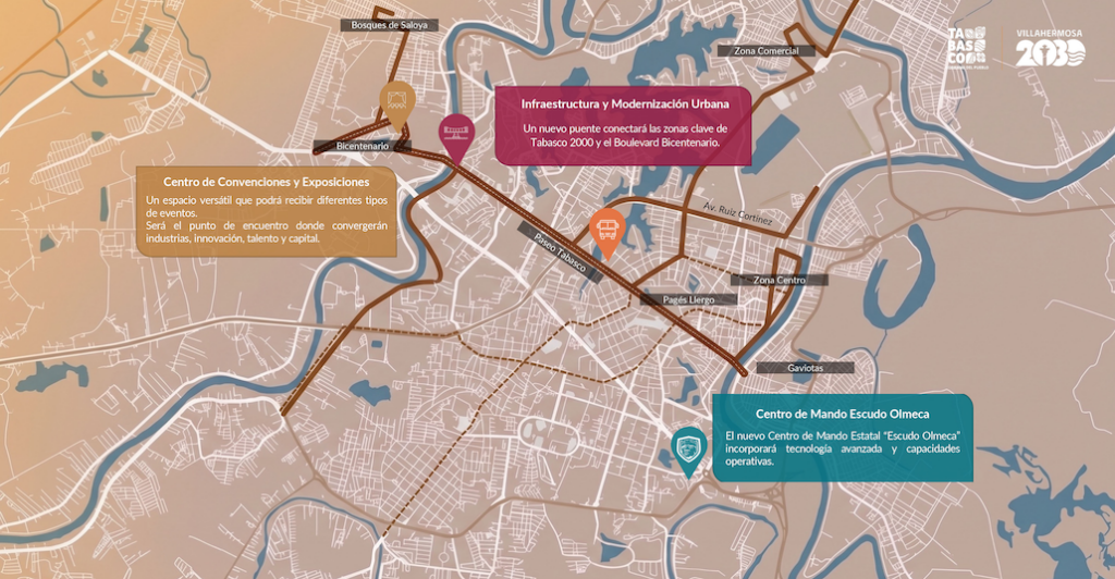 Mapa general del proyecto Villahermosa 2030 con las principales obras de infraestructura, movilidad y equipamiento urbano previstas para la capital tabasqueña.