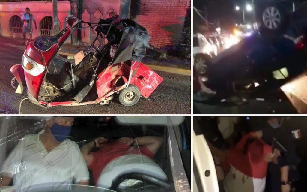 Mosaico de cuatro imágenes del accidente de Manuel Andrade en la carretera Villahermosa-La Isla: el mototaxi destruido, el vehículo volcado, Andrade dentro del auto y el momento del rescate.
