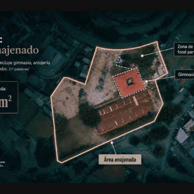 Vista aérea del predio enajenado de La Choca, con delimitación de 16 mil metros cuadrados y ubicación del gimnasio y la zona de la antojería.