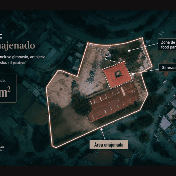 Vista aérea del predio enajenado de La Choca, con delimitación de 16 mil metros cuadrados y ubicación del gimnasio y la zona de la antojería.