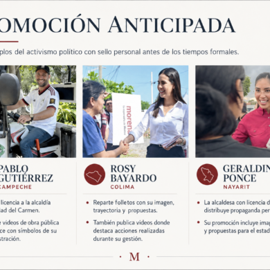 Gráfico con Pablo Gutiérrez, Rosy Bayardo y Geraldine Ponce en actividades de promoción política anticipada rumbo a 2027.