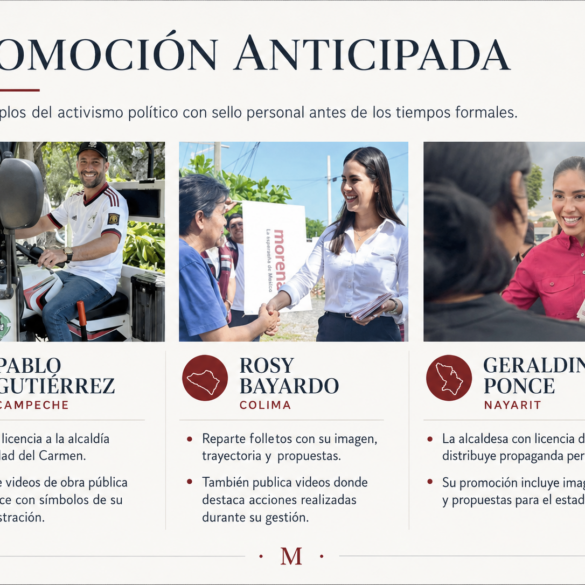Gráfico con Pablo Gutiérrez, Rosy Bayardo y Geraldine Ponce en actividades de promoción política anticipada rumbo a 2027.
