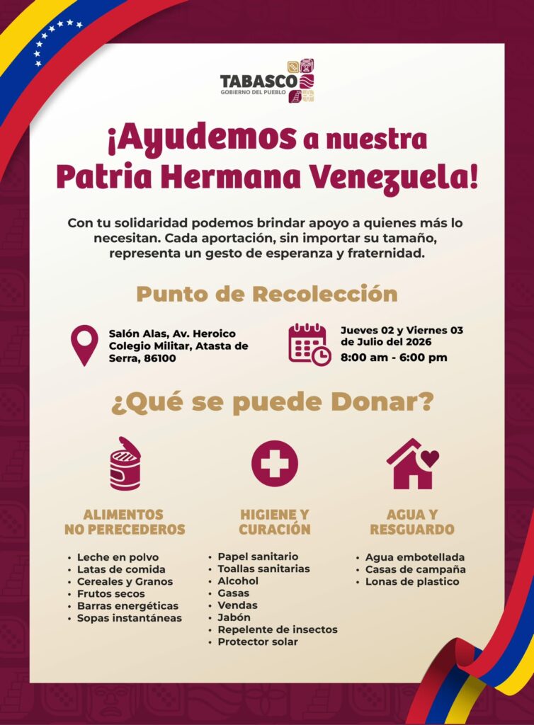 Cartel oficial del gobierno de Tabasco convocando a donar para Venezuela